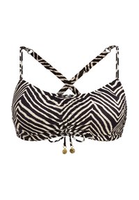 Bikini-top met zebra-print, zwarte en witte strepen, verstelbare schouderbandjes, ruching-details en goudkleurige kraalaccenten.