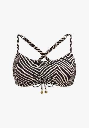 Bikini-top, jossa on seepra-kuvio, mustavalkoiset raidat, säädettävät olkaimet, rutistustyyli ja kultasävytetyt helmet.