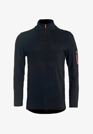 Schwarzer Langarm-Pullover mit einem Viertel-Reißverschluss am Hals, gefertigt aus strukturiertem Stoff und mit einer roten Reißverschlusstasche am linken Arm.