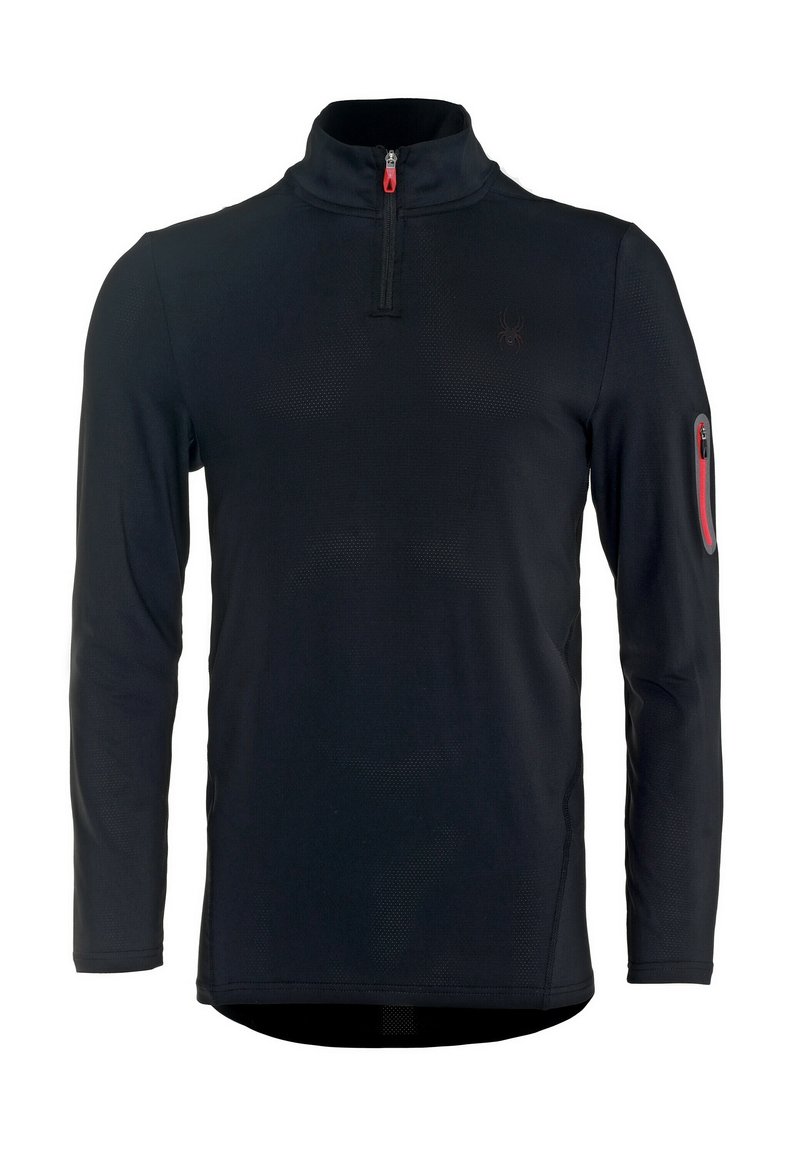 Czarny pulower z długim rękawem i półzamkiem przy szyi, wykonany z teksturowanej tkaniny, z czerwoną kieszenią na zamek na lewym ramieniu.