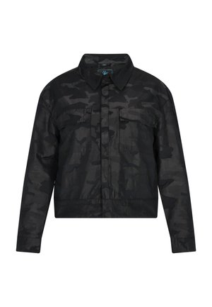 Kort zwart camouflagejack van lichtgewicht stof, met een omgeslagen kraag, twee borstzakken en een naadloze rand met elastische randen.