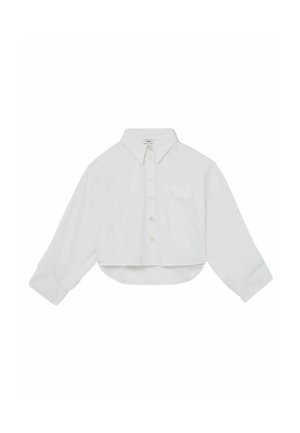 Hvid kort, langærmet skjorte med knapper, spids krave og enkelt brystlomme, lagt fladt på en hvid baggrund.