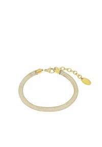 Pulsera de color dorado con un diseño flexible y texturizado, adornada con acentos brillantes y un cierre tipo langosta, que incluye una extensión de cadena para ajustar el tamaño.