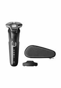 Rasoi elettrico Philips della serie 5000 in nero, con tre teste rotonde, un pannello di controllo, una base di ricarica e una custodia protettiva grigia.
