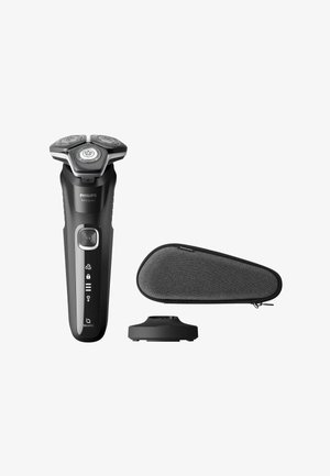 Philips 5000 Series electric shaver in black, featuring three round heads, a control panel, charging dock, and a grey protective case.
