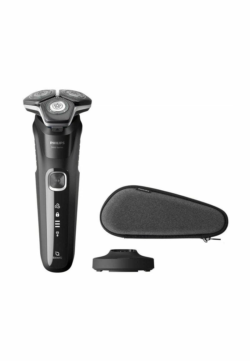 Rasoi elettrico Philips della serie 5000 in nero, con tre teste rotonde, un pannello di controllo, una base di ricarica e una custodia protettiva grigia.