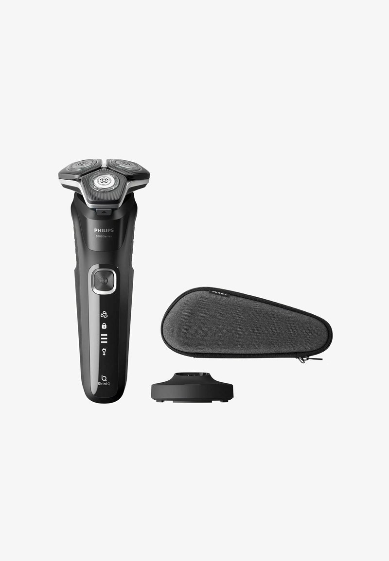 Rasoi elettrico Philips della serie 5000 in nero, con tre teste rotonde, un pannello di controllo, una base di ricarica e una custodia protettiva grigia.