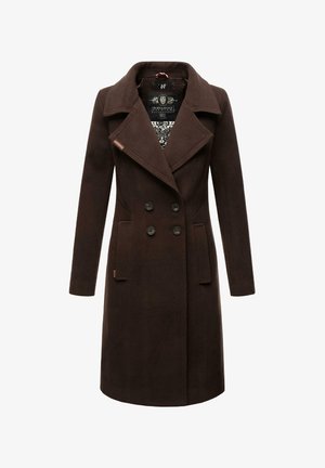 Manteau marron à double boutonnage avec grands revers, comprenant deux poches avant, des boutons pour la fermeture et une doublure intérieure à motif.