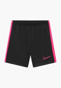 Pantalones cortos deportivos negros con paneles laterales rosas, cintura elástica y pequeño logo rosa de Nike. Hechos de material ligero y transpirable.