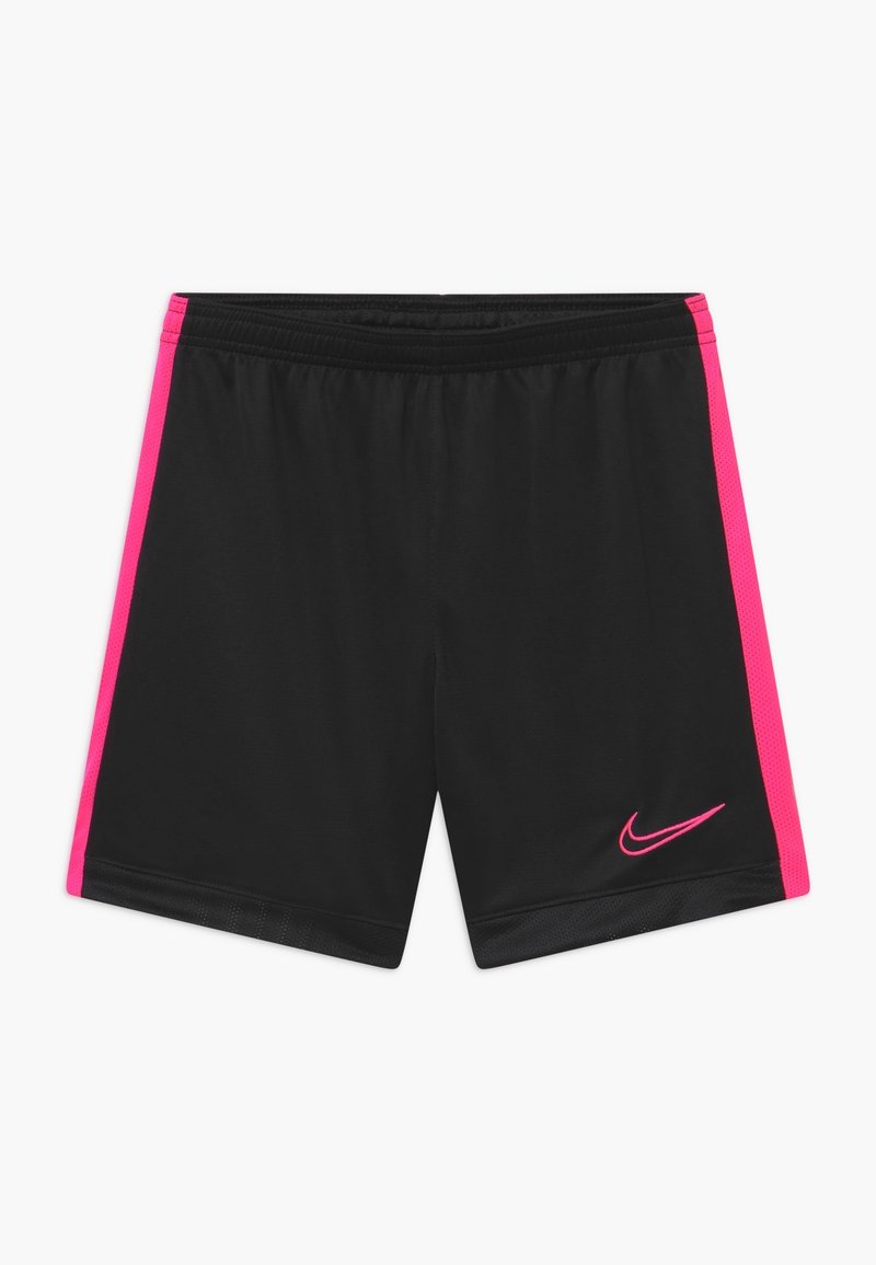 Pantalones cortos deportivos negros con paneles laterales rosas, cintura elástica y pequeño logo rosa de Nike. Hechos de material ligero y transpirable.