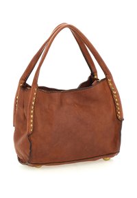 Borsa a mano in pelle marrone con due manici, dettagli in borchie dorate e piedi tondi dorati su uno sfondo bianco.