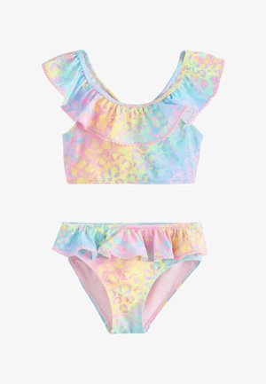 To-delt pastel regnbue badedragt med flæsekant og subtilt leopard print mønster.
