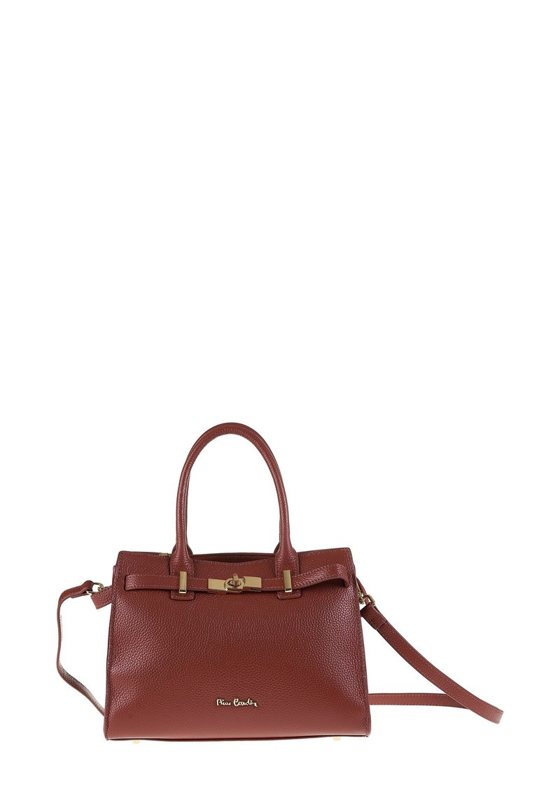 Rode handtas van gelooid leer met gouden accenten, dubbele handvatten, afneembare schouderriem en een logo-bloem op de voorkant.