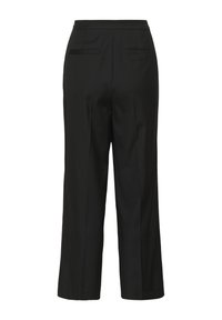 Zwarte wijde broek met een gladde textuur, met een hoge taille, twee achterzakken en een strak ontwerp zonder versieringen.