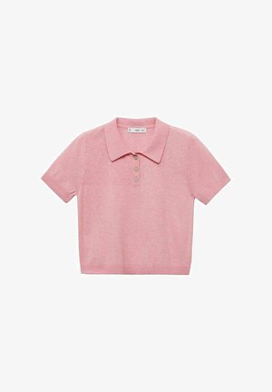 Roze kortgemouwde polo shirt, geribbelde kraag en zoom, gemaakt van zacht materiaal, met drie beige knopen aan de voorkant.