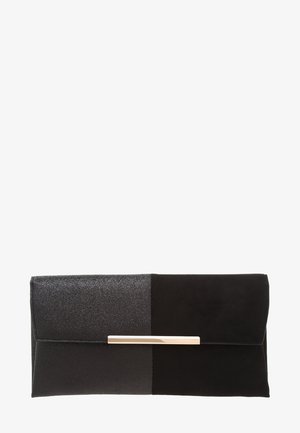 Czarna prostokątna kopertówka z teksturowaną lewą stroną, gładką prawą stroną oraz poziomym złotym zamknięciem na środku.