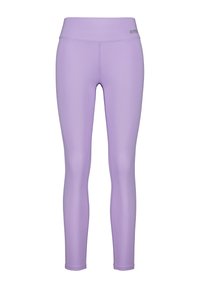 Purple leggings with a smooth, stretchy texture and a high waistband. Features a small logo at the waist, designed for comfort and flexibility.