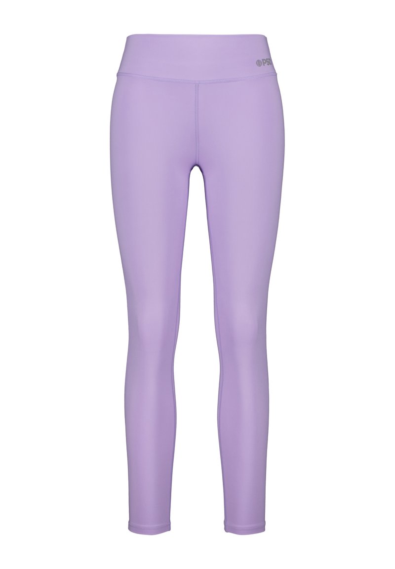 Purple leggings with a smooth, stretchy texture and a high waistband. Features a small logo at the waist, designed for comfort and flexibility.