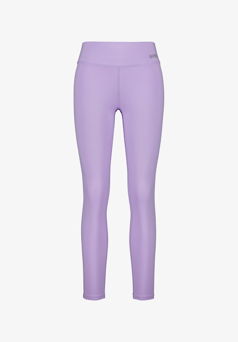 Purple leggings with a smooth, stretchy texture and a high waistband. Features a small logo at the waist, designed for comfort and flexibility.