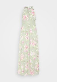 Hihaton pitkä mekko vaaleanvihreänä, jossa on vaaleanpunaisia ja valkoisia kukkakuoseja, korkeassa kauluksessa ja pitsiyksityiskohtia vyötäröllä.