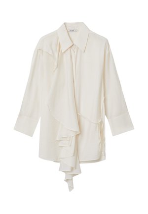 Blusa di un avorio chiaro con colletto appuntito, maniche lunghe, dettaglio anteriore arricciato, texture di tessuto morbido e nodo laterale per una vestibilità regolabile.