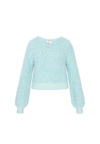 Hellblauer, kuscheliger Pullover mit langen Ärmeln, taillierter Passform, strukturiertem Material und mehrfarbigen Sprenkeln. Rippbündchen am Saum und an den Ärmeln.