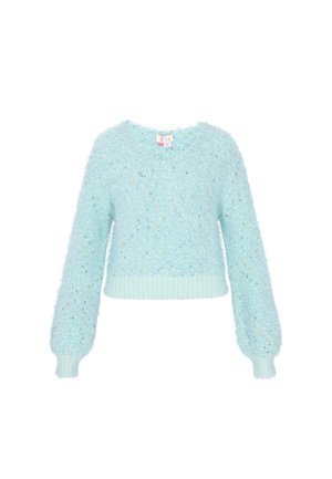 Pulover fuzzy de culoare albastru deschis, cu mâneci lungi, design scurt, suprafață texturată și sclipiri multicolore. Baza și manșetele cu model côtelé.