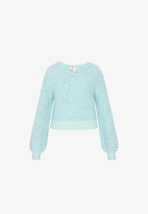 Világoskék, bolyhos pulóver hosszú ujjakkal, cropped fazonnal, texturált felülettel és színes pöttyökkel. Bordázott alján és mandzsettáin.