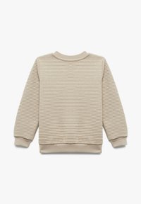 Sudadera beige texturizada con patrones de canalé horizontales, cuello redondo y puños ajustados, construida con una tela suave y acogedora.
