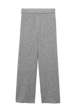 Pantaloni grigi a gamba larga realizzati in un tessuto morbido e strutturato. Presentano una cintura elasticizzata e gambe dritte, senza stampe o decorazioni visibili.