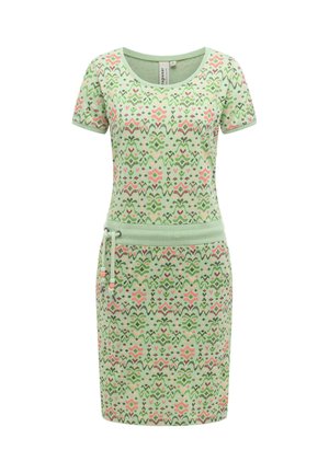 Lysegrøn kortærmet kjole med pink og mørkegrønne geometriske blomsterprint, snøre i taljen og knælængde.