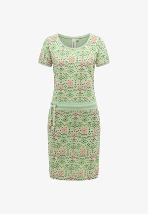 Lichtgroene jurk met korte mouwen, roze en donkergroene geometrische bloemenmotieven, een taille met trekkoord en een zoom tot aan de knie.