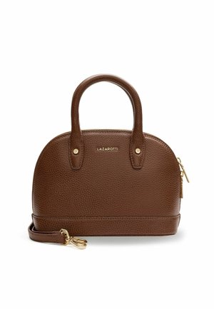 Borsa a mano in pelle marrone con texture, forma arrotondata, manici superiori e tracolla regolabile. Presenta dettagli in oro e logo del marchio sul davanti.