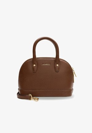 Borsa a mano in pelle marrone con texture, forma arrotondata, manici superiori e tracolla regolabile. Presenta dettagli in oro e logo del marchio sul davanti.