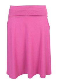 Rosa Jersey-Rock mit einem breiten, gefalteten Bund und ausgestelltem Design. Verfügt über eine glatte Textur und eine knielange Schnittform. Schlicht, einfarbig.