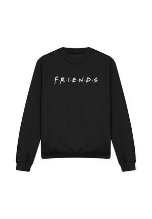 Black long-sleeve sweatshirt with the word FRIENDS in white letters, each separated by colored dots in red, yellow, and blue.
