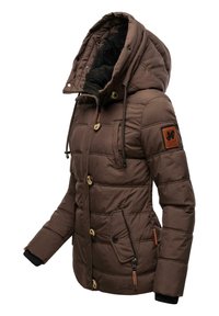 Brown puffer jacket with a fur-lined hood, ribbed cuffs, button closures, side pockets, and a leather patch on the left sleeve.