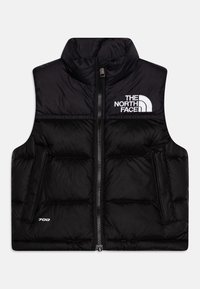 Czarna pikowana kamizelka z wysokim kołnierzem, zamkiem błyskawicznym, dwoma przednimi kieszeniami oraz białym logo "The North Face" po lewej górnej stronie. Etykieta fill power 700.