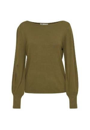 Maglione leggero verde oliva con scollatura a barca, maniche lunghe e voluminose e polsini a costine. Tessuto liscio con dettagli di cucitura minimi.