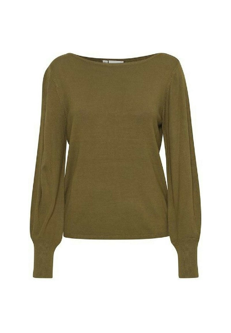 Maglione leggero verde oliva con scollatura a barca, maniche lunghe e voluminose e polsini a costine. Tessuto liscio con dettagli di cucitura minimi.