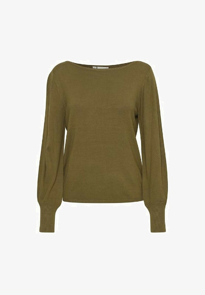 Maglione leggero verde oliva con scollatura a barca, maniche lunghe e voluminose e polsini a costine. Tessuto liscio con dettagli di cucitura minimi.