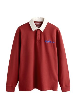 Bordeauxrode rugbytrui met lange mouwen, witte kraag, blauwe Japanse tekst en Snoopy-afbeelding op de linkerborst.