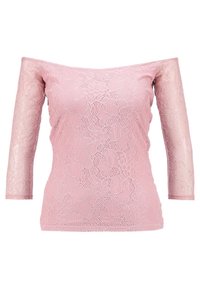 Top rosa in pizzo off-the-shoulder con maniche a tre quarti, caratterizzato da un motivo floreale e una finitura testurizzata. Tessuto liscio sotto.
