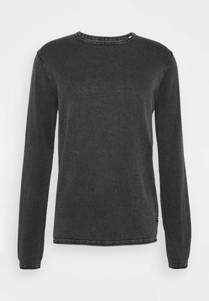 Szürke, hosszú ujjú pulóver kerek nyakkivágással. Puha tapintás, diszkrét varrási részletek az oldalvarrások mentén. Egyszerű, laza fazonú kialakítás.