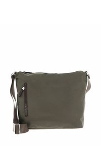 Borsa a tracolla verde in nylon con chiusura a zip, tracolla regolabile e tasca esterna con zip. Texture liscia e design minimalista.