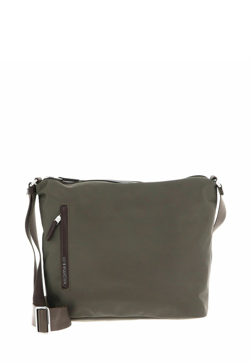 Borsa a tracolla verde in nylon con chiusura a zip, tracolla regolabile e tasca esterna con zip. Texture liscia e design minimalista.