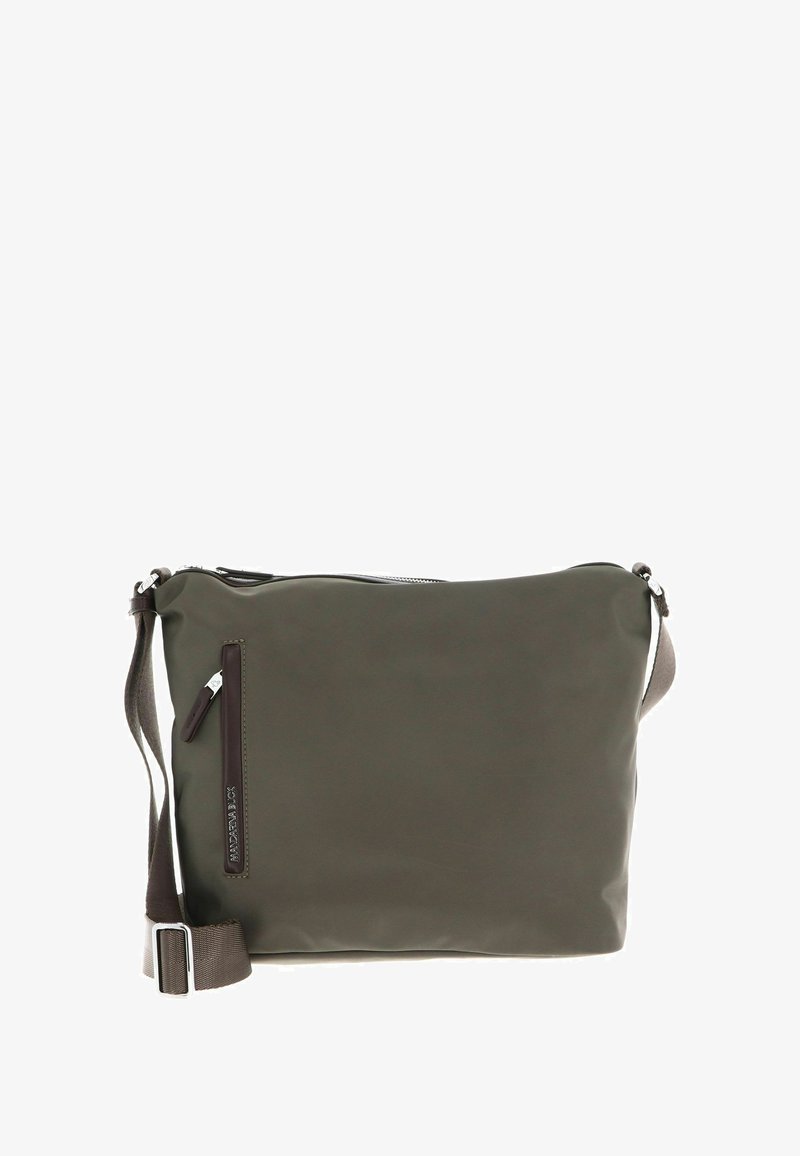 Borsa a tracolla verde in nylon con chiusura a zip, tracolla regolabile e tasca esterna con zip. Texture liscia e design minimalista.