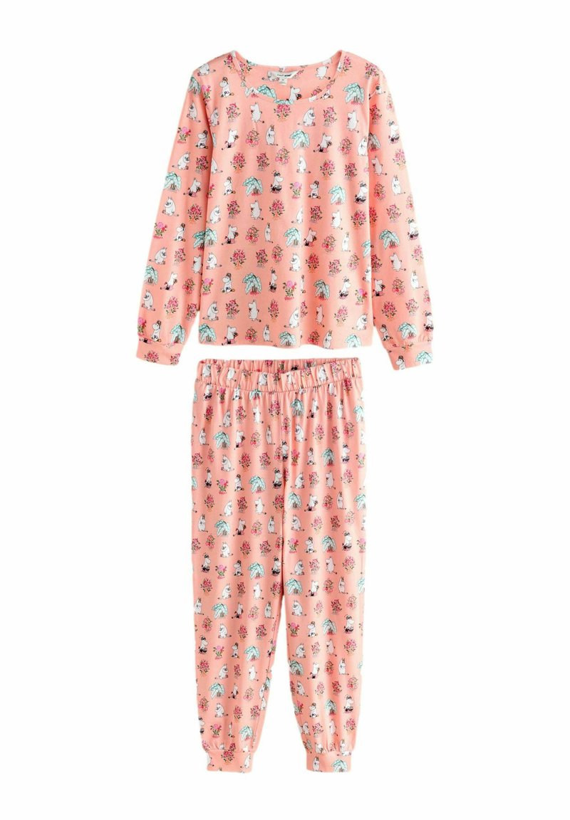 Pæne pyjamas sæt i ferskenfarve med langærmet top og bukser med elastisk talje, dekoreret med blomster- og dyremønstre.