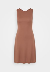 Vestido castanho sem mangas com decote redondo, corpete justo e formato em A. Feito de um material liso e elástico.