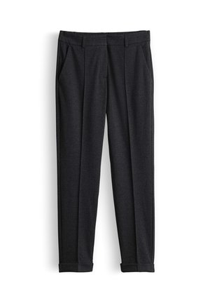 Dark gray tailored trousers with side pockets, belt loops, front pleats, and cuffed hems, displayed flat on a white background.